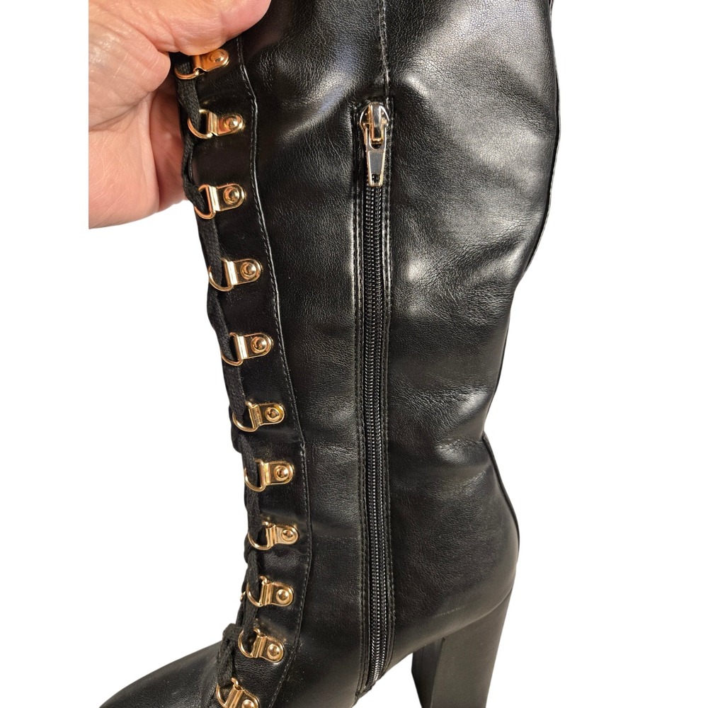 Eliza Womens Black Lace Up Knee High Combat Boots Gold Hardware Block Heel 7.5 - Picture 9 of 13